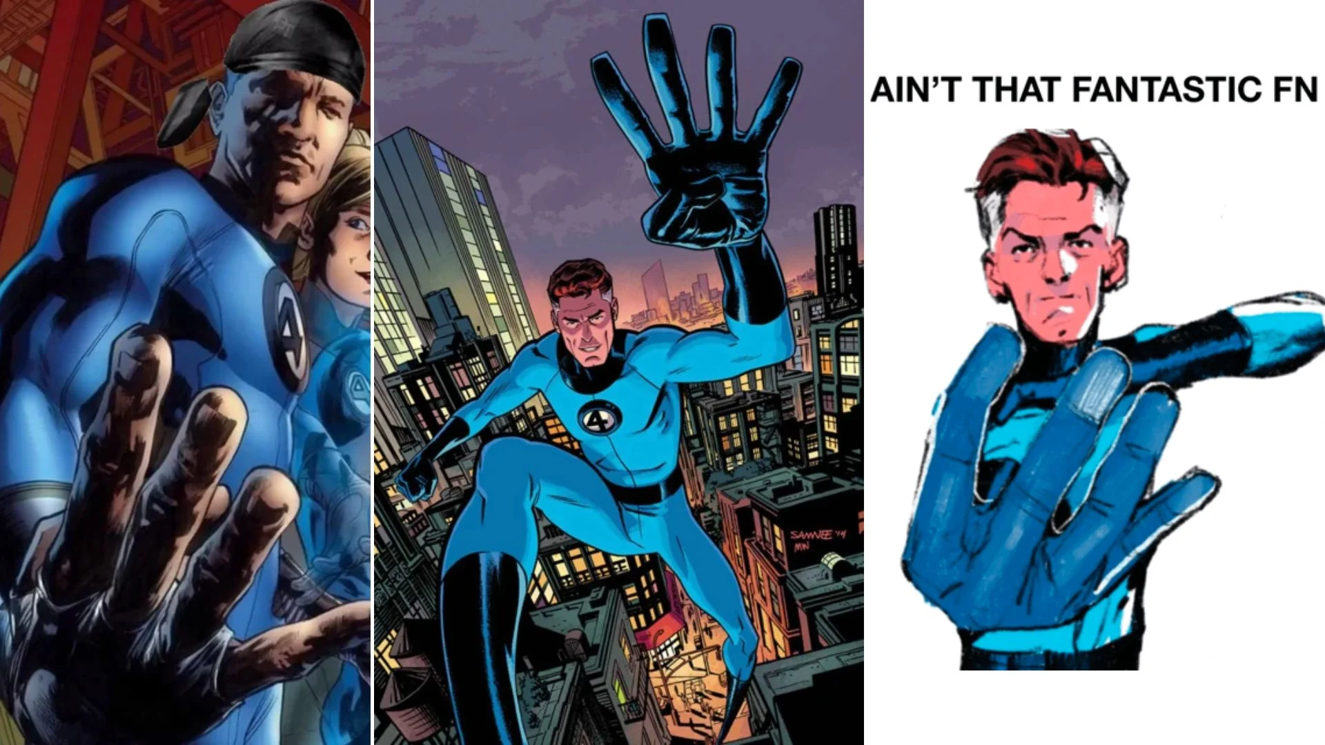 Fantastic Four Gang Sign Mister Fantastics Aint That Fantastic Fn — Three comic panels of Mister Fantastic making a Fantastic Four hand sign with stretched