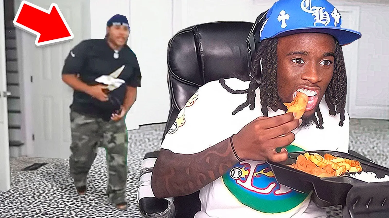 Fanum Tax — Streamer eating from bowl during broadcast with red arrow pointing to other person