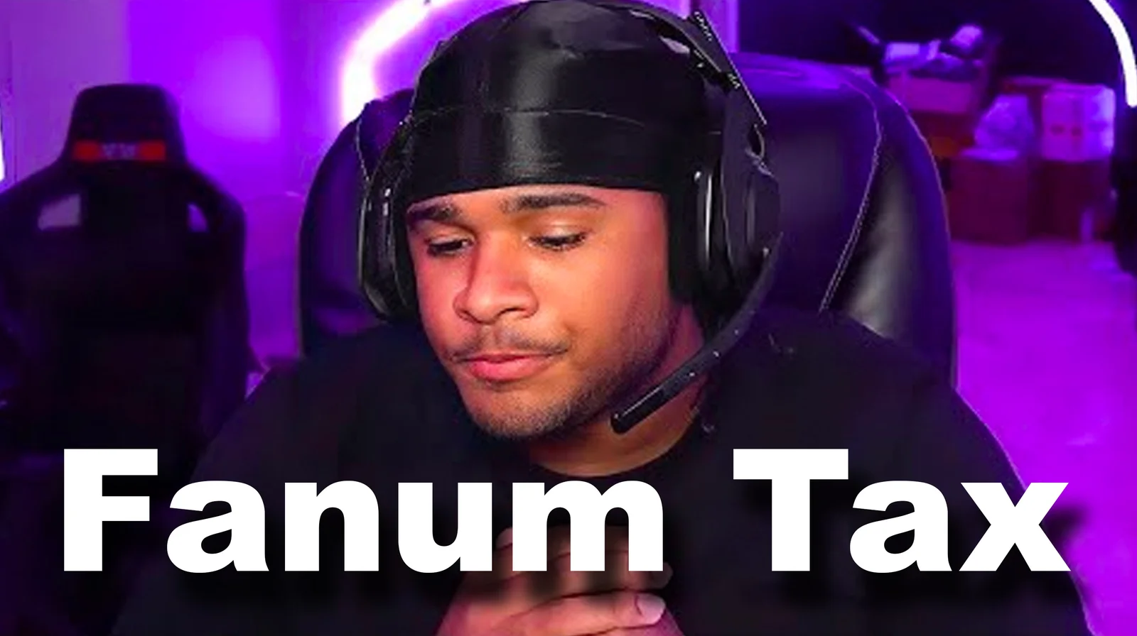 Portrait of person in gaming headphones wearing purple gaming room lighting Fanum Tax