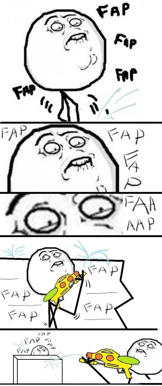 Vertical comic zooming into Fap Guy face then squirt-gunning him