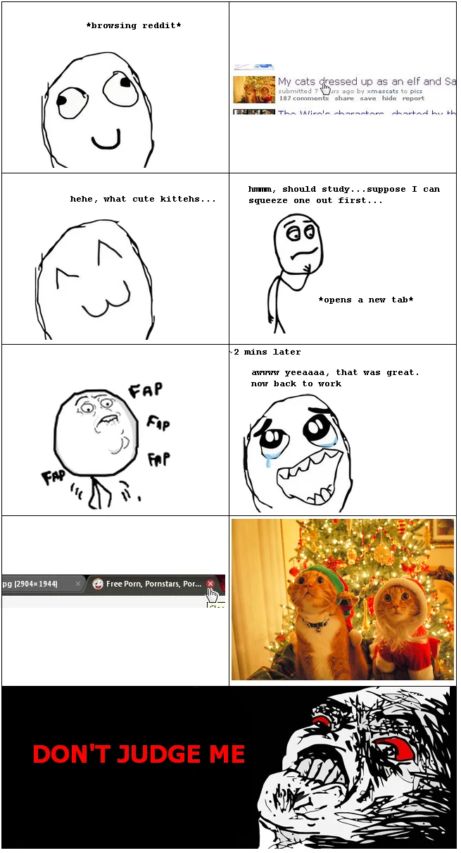 Fap Guy — Multi-panel rage comic about browsing Reddit, procrastinating with porn, ending in 'Don't Judge Me'