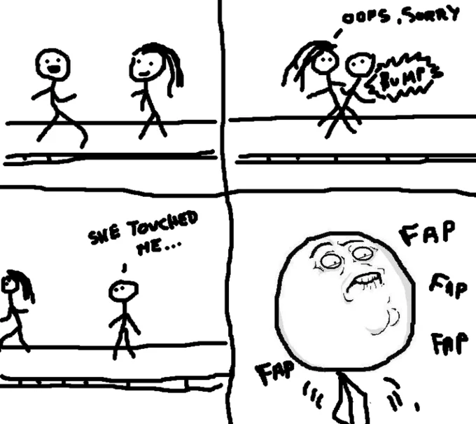 Four-panel rage comic ending with Fap Guy face after accidental sidewalk bump