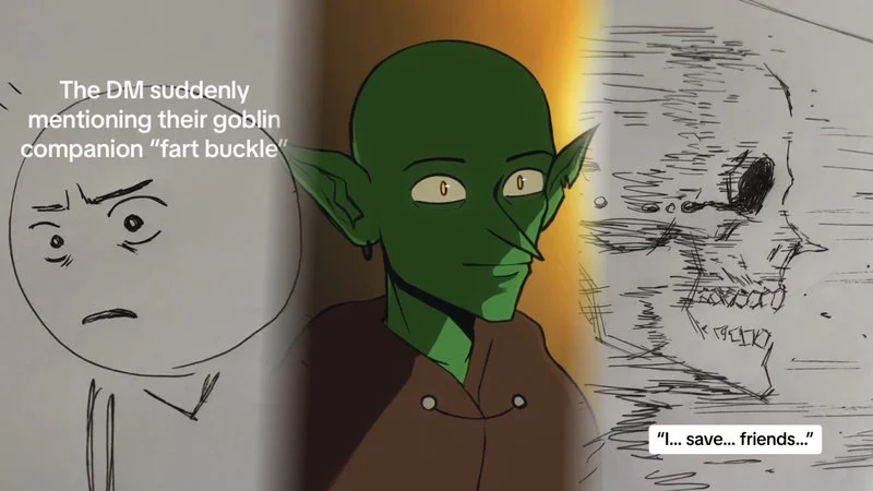 Fartbuckle The Goblin — Three-panel D&D meme showing Fartbuckle introduction, character art, and sacrifice moment.