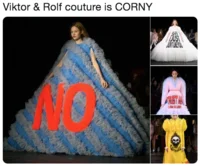 Fashion Week Meme — Blue textured gown with red 'NO' text from Viktor & Rolf Spring 2019 Couture collection