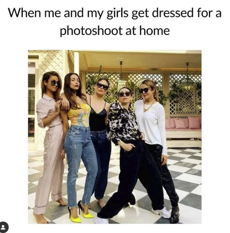 Fashion Week Meme — Five women in stylish outfits posing together indoors for a fashion photoshoot