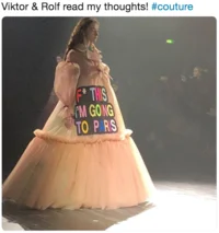 Fashion Week Meme — Model from behind in peach tulle gown from Viktor & Rolf Spring 2019 Couture runway