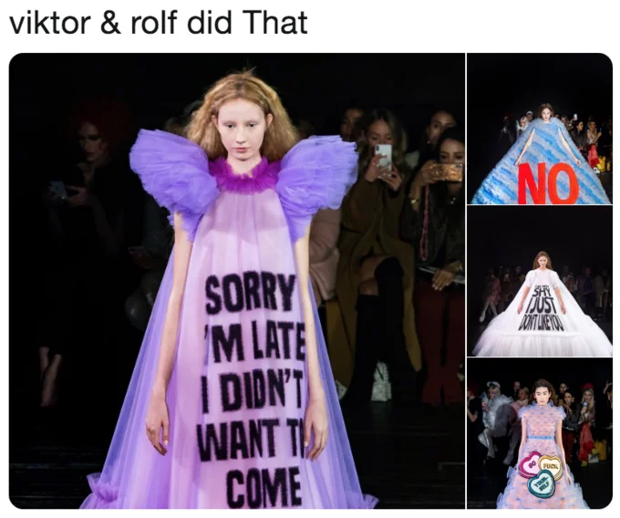Fashion Week Meme — Model in purple tulle gown with ruffled shoulders from Viktor & Rolf Spring 2019 Couture
