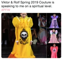 Fashion Week Meme — Model in bright yellow tulle gown from Viktor & Rolf Spring 2019 Couture collection