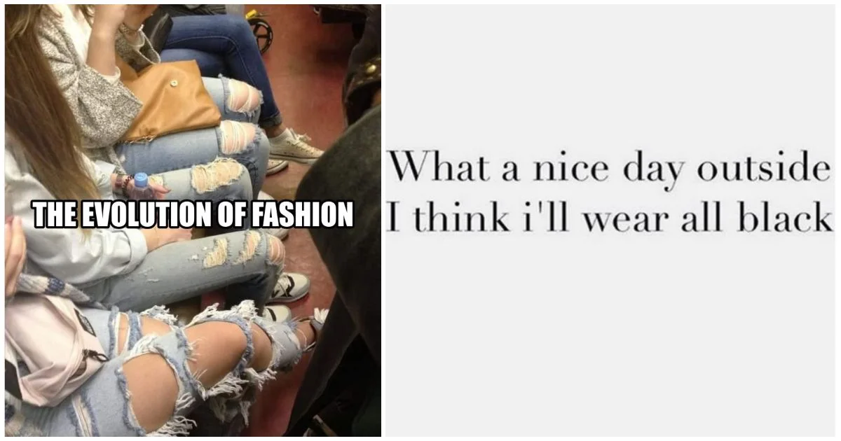 Fast Fashion Critique — Person wearing multiple overlapping layers of ripped denim and distressed clothing.