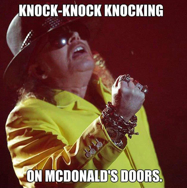 Fat Axl Rose meme with caption Welcome to chinese buffet we got chow fun and grains