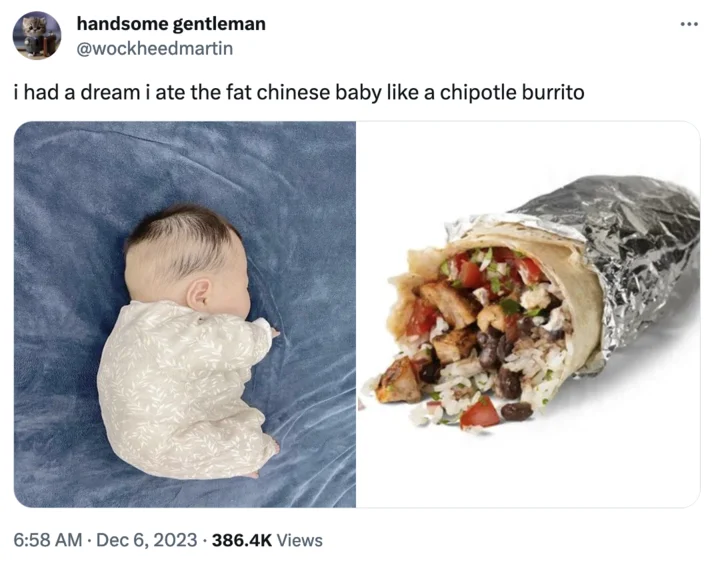 Fat Chinese Baby — Tweet comparing the baby to a Chipotle burrito side by side