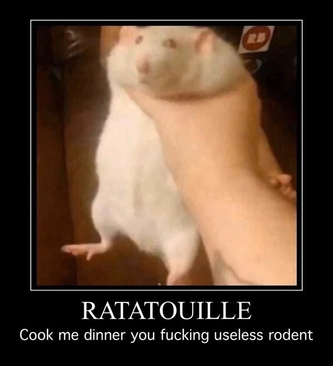 Fat Rat Being Grabbed — Demotivational poster of the fat rat labeled 'Ratatouille' with insulting caption