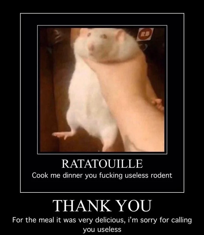 Fat Rat Being Grabbed — Stacked demotivational meme with an apologetic 'Thank you' caption below the Ratatouille joke