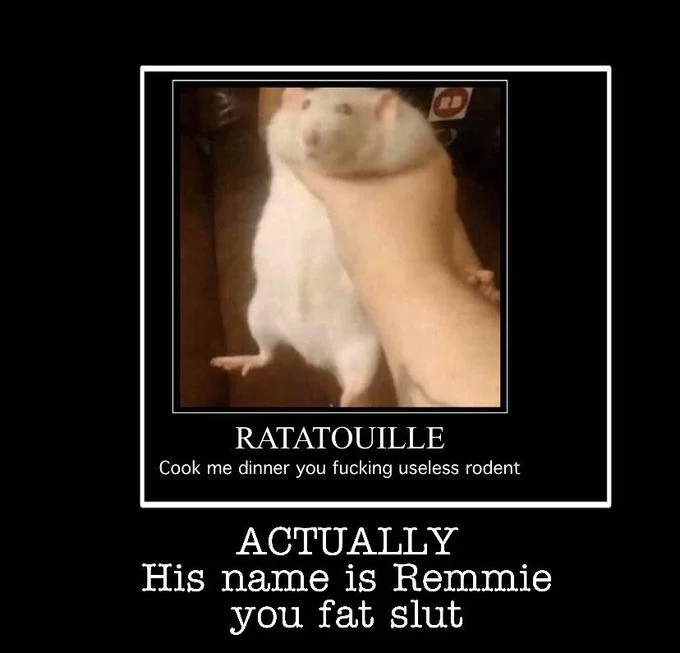Fat Rat Being Grabbed — Stacked demotivational meme responding to the Ratatouille joke with 'His name is Remmie'