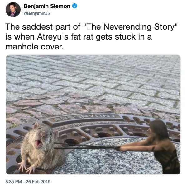 Fat Rat Stuck In Manhole — Tweet with Photoshop mashup of Atreyu from Neverending Story reaching for the fat rat in a manhole