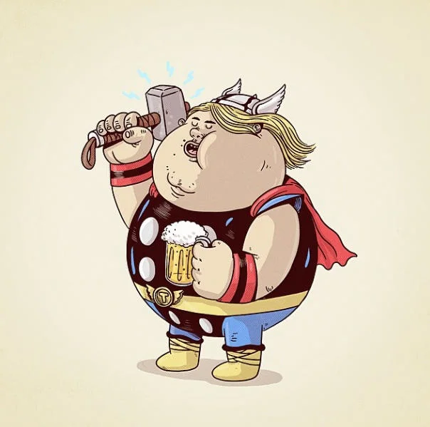 Cartoon illustration of a fat Thor holding hammer and beer mug
