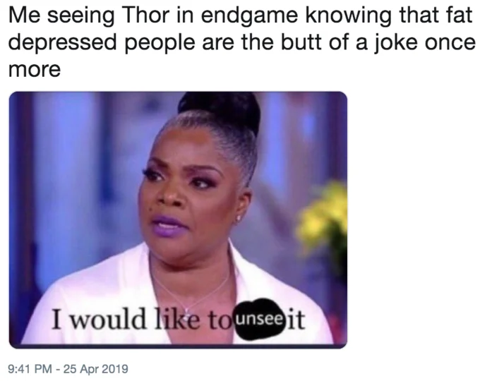 Tweet criticizing Fat Thor with Mo'Nique 'I would like to unsee it' reaction image