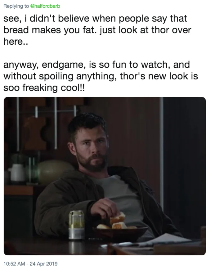 Tweet defending Fat Thor as positive representation for fat people with PTSD