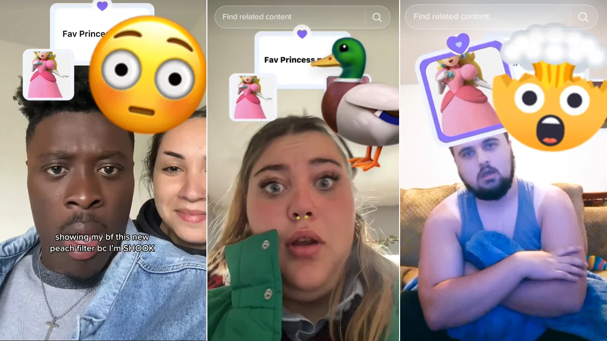 Three-panel collage of TikTok videos showing people reacting to the Fav Princess Peach filter with surprised emoji overlays.