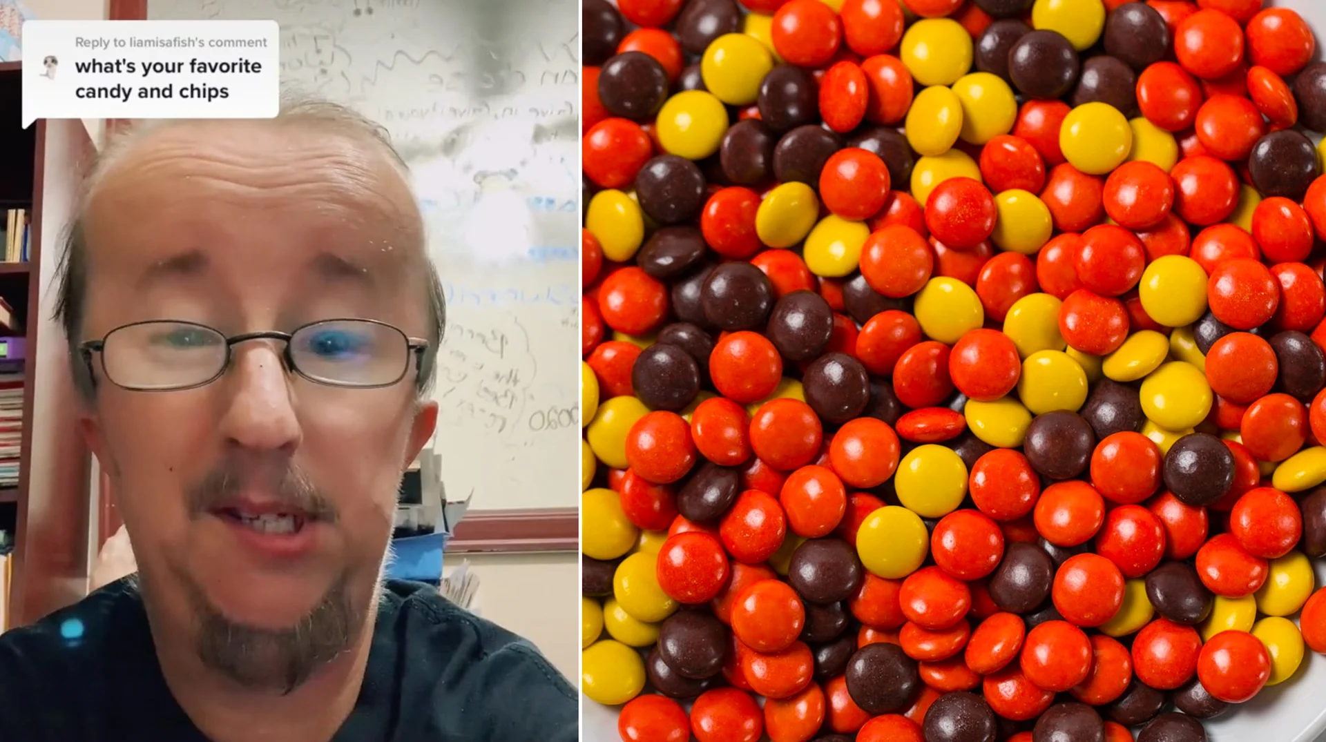 Favorite Candy, Reese's Pieces or Them Lifesaver Gummies — TikTok split screen of a man answering a comment about favorite candy next to a pile of Reese's