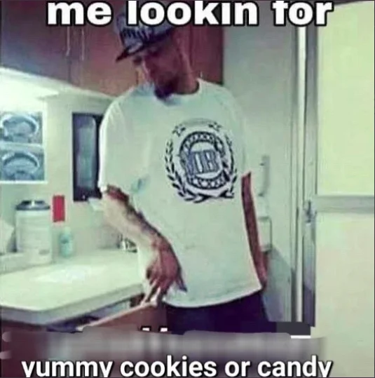 Favorite Candy, Reese's Pieces or Them Lifesaver Gummies — Image macro of a man searching a kitchen with text reading 'me lookin for yummy cookies or candy'