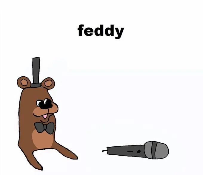 Larger version of the feddy crude drawing of a brown bear with top hat and microphone