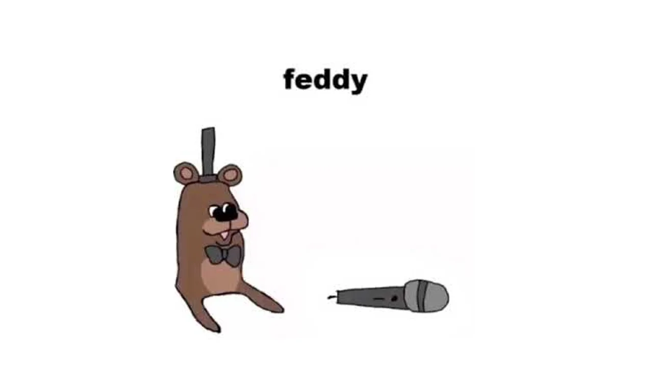 Crude drawing of a brown bear with a top hat and bow tie labeled 'feddy' with a microphone on the ground