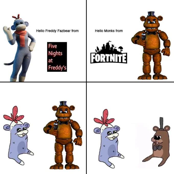 Crude drawing of Springtrap labeled 'scap' with a burning get out of hell free pass in the feddy meme style