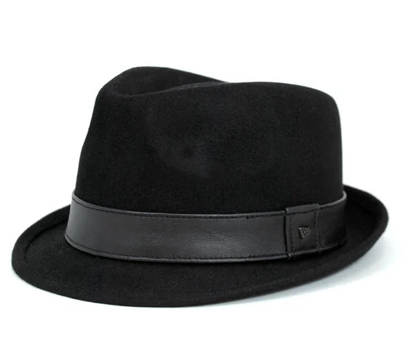 Fedora Shaming — Black wool fedora with leather band on white background