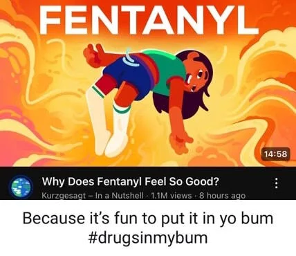 Feel Good Video — Canonical animated character in bent-over pose labeled FENTANYL on vibrant background.