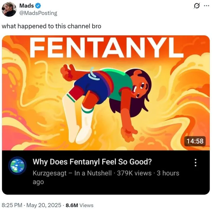 Feel Good Video — Twitter screenshot showing bent-over animated character labeled FENTANYL with video.
