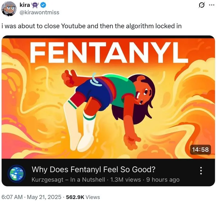 Feel Good Video — Twitter post screenshot with FENTANYL character and Kurzgesagt video thumbnail.