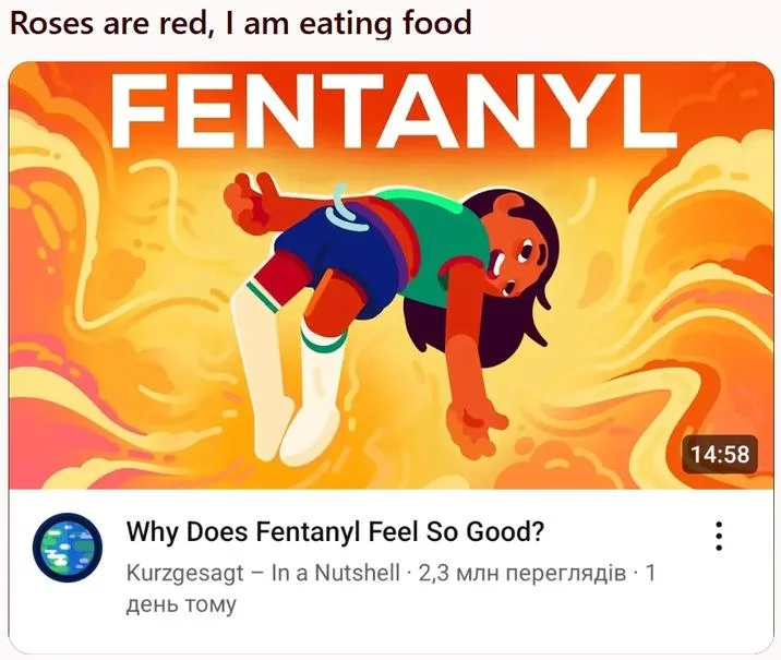 Feel Good Video — Poetry meme 'Roses are red' with bent-over character and video thumbnail.