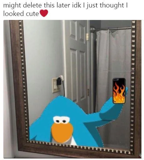 Feeling Cute Might Delete Later — Blue Club Penguin character taking a mirror selfie meme