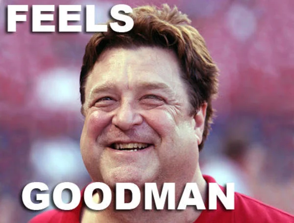 Feels Good Man — Smiling man's face with 'FEELS' at top and 'GOODMAN' at bottom in text.