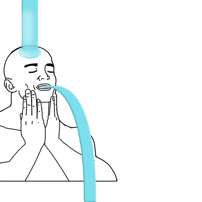 Feels Good Man rage comic drinking a large stream of blue liquid poured from above.