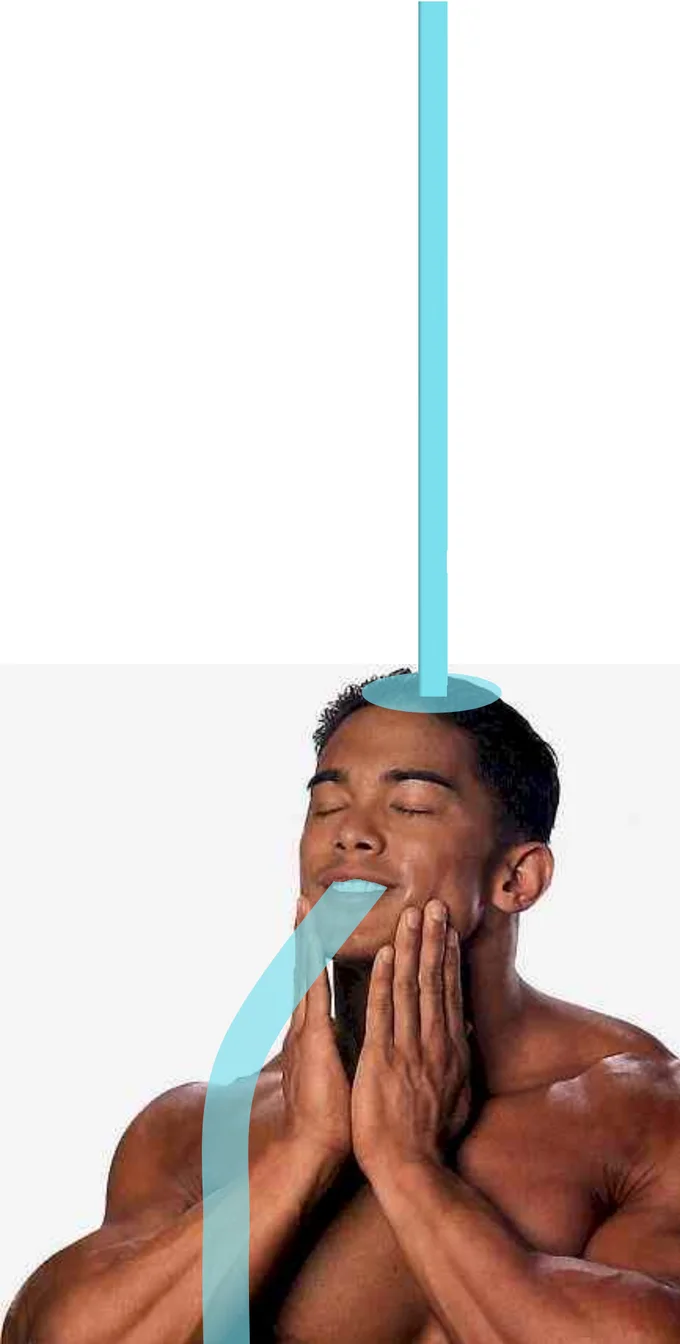 Shirtless Feels Good model with blue liquid poured over his head and coming from his mouth.