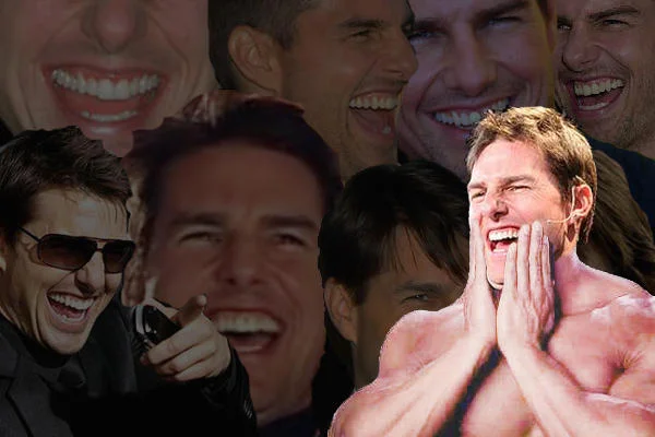 Feels Good — Collage of Tom Cruise laughing photos, including the shirtless hands-on-face pose.
