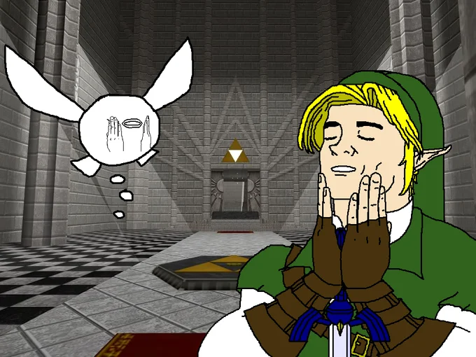 Link from Zelda smiling with hands on his face like Feels Good Man, next to Navi imagining the same.