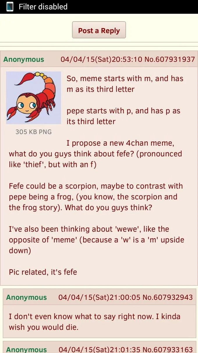 4chan post proposing Fefe scorpion as a new meme alongside Pepe