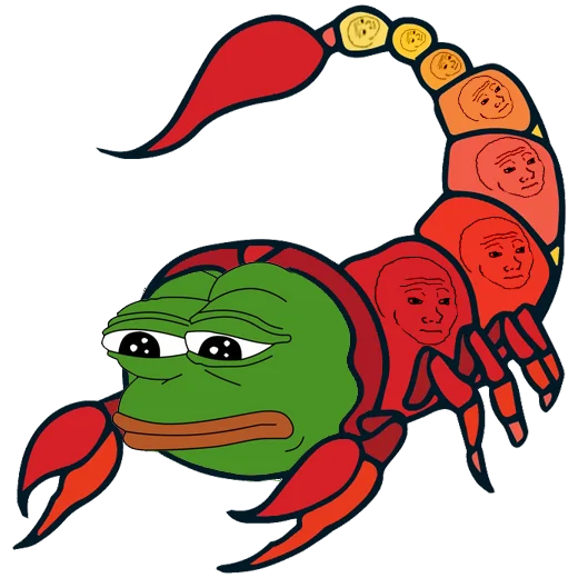 Fefe scorpion body with Pepe frog face and Wojak faces on tail segments