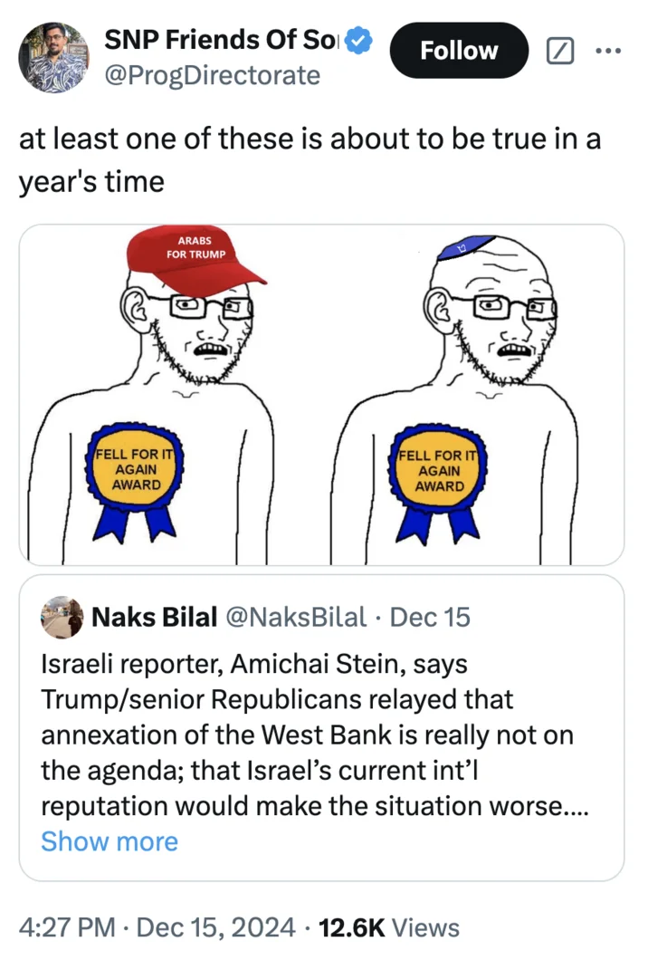 Fell For It Again Award — Two meme character versions with award badges in political discussion.