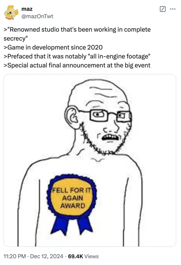 Fell For It Again Award — Character in MAGA hat with multiple award badges on chest.