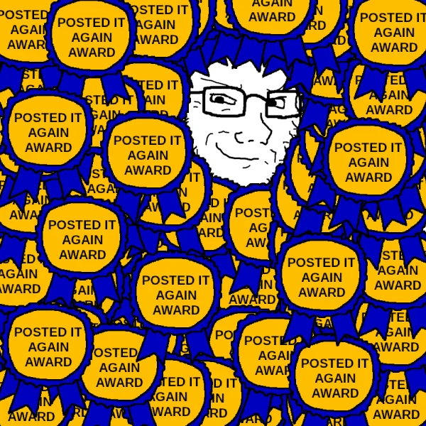 Fell For It Again Award — Colorful image with character surrounded by dozens of award badges.
