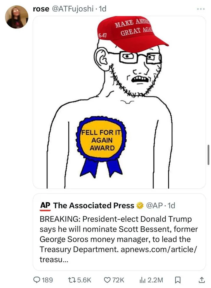 Fell For It Again Award — Social media screenshot with character responding to news article.