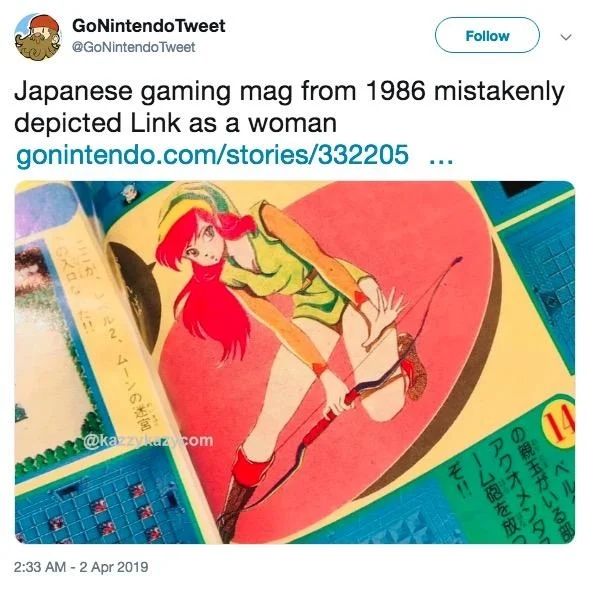 Female Link — Tweet from kazzykazycom showing the 1986 Legend of Zelda magazine pages with female-appearing Link