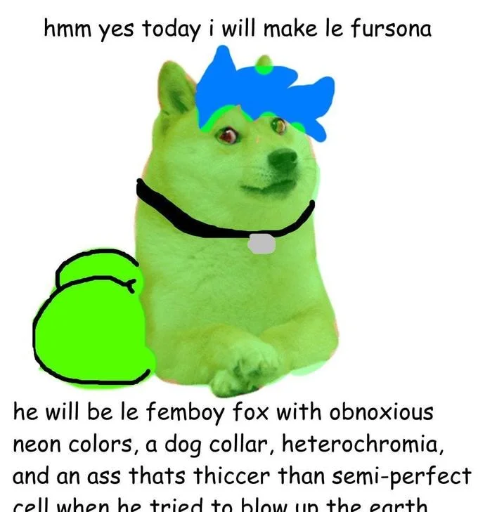 Bright green creature meme about creating 'femboy fox' fursona with exaggerated aesthetic
