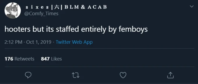 Twitter post: 'hooters but its staffed entirely by femboys' with engagement metrics