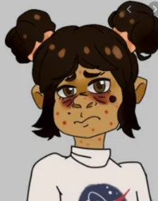 Femcel — Digital illustration of girl with dark hair buns, freckles, NASA shirt.