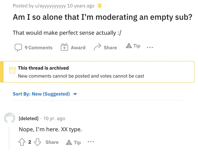 Femcel — Reddit post asking 'Am I so alone that I'm moderating an empty sub?'